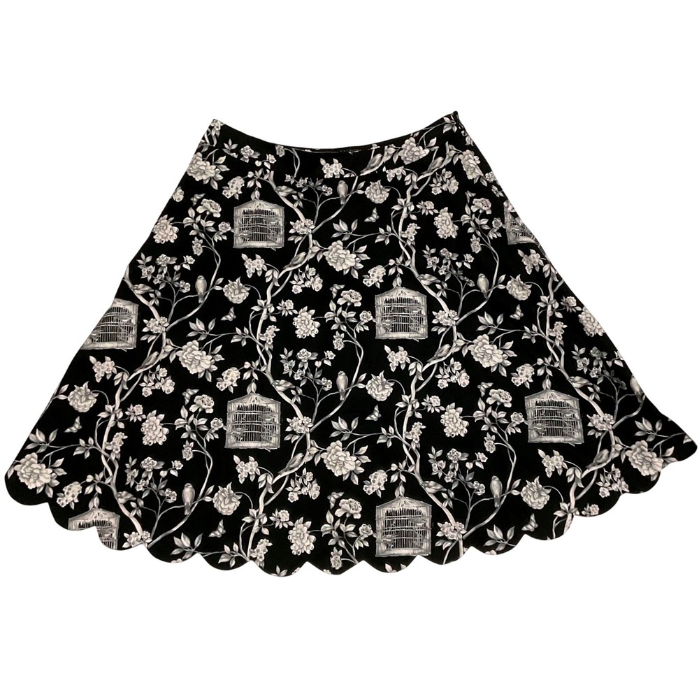 Talbots women's scalloped hem black bird birdcage Aline cotton 12 boho fairy‎